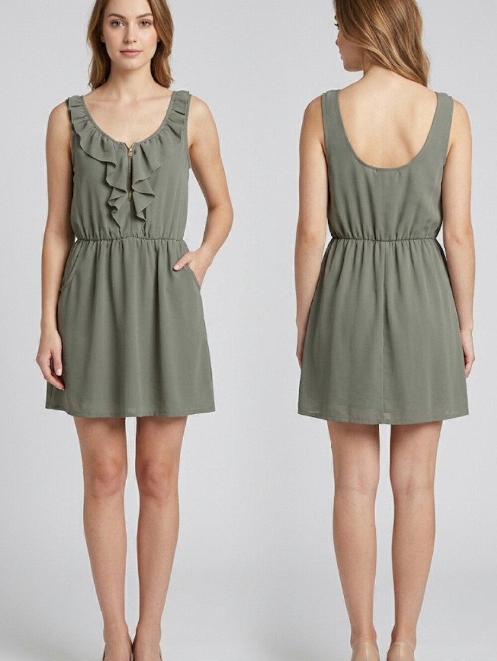 Miss Selfridge Petite Ruffle Front Zip Mini Dress Olive Green EU 36 US 6 Cottage